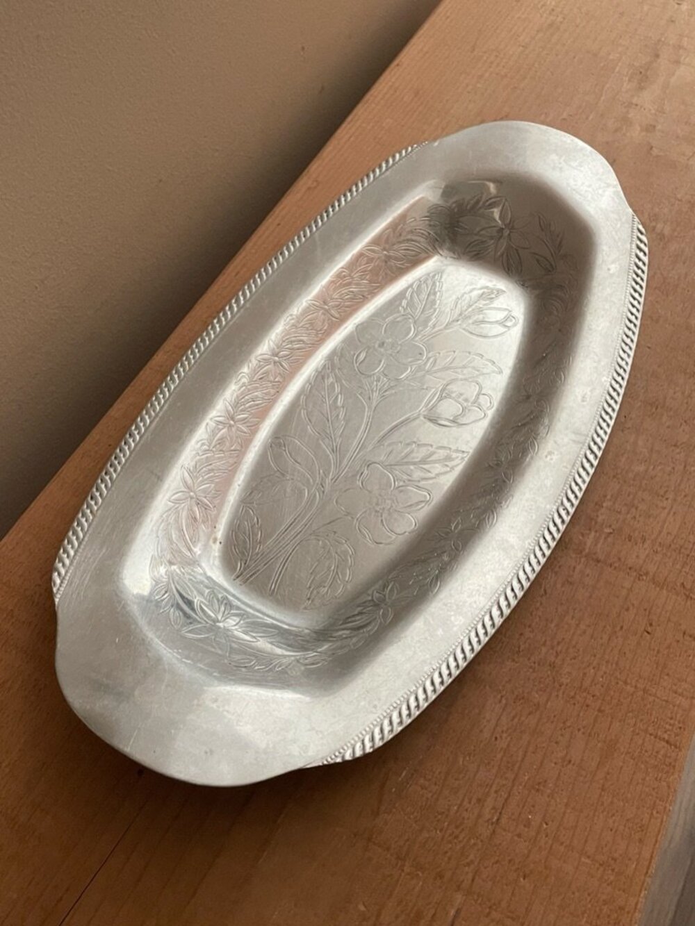 Vintage Aluminum Bread Tray Boat Shaped Serving Platter Embossed Floral 13.75”